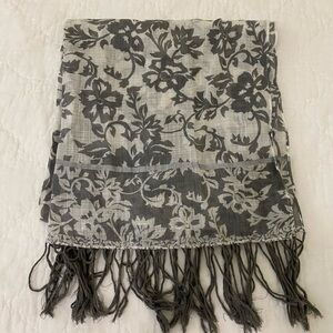 Floral Gray Scarf with Fringe